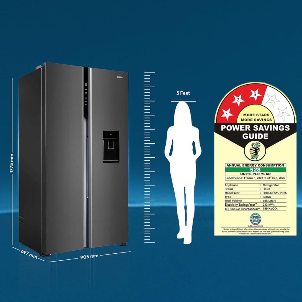 Haier 598 Ltrs, 3 Star Frost Free Expert Inverter Smart Sense AI enabled 3 Door Side by Side Refrigerator (HRT 683GOGU1, Grey Onyx Glasss)