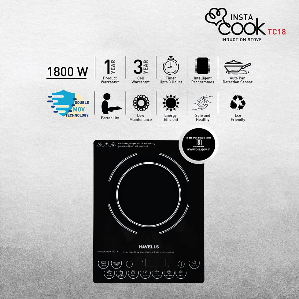 Havells Ghcicdqk180, 1800 Watts INSTA Induction Cooktop, Black