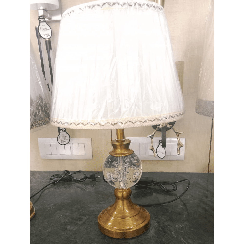 Table Lamp Cotton Fabric Shade Self Design Bedside Standard Night Light (White, Gold-Toned)