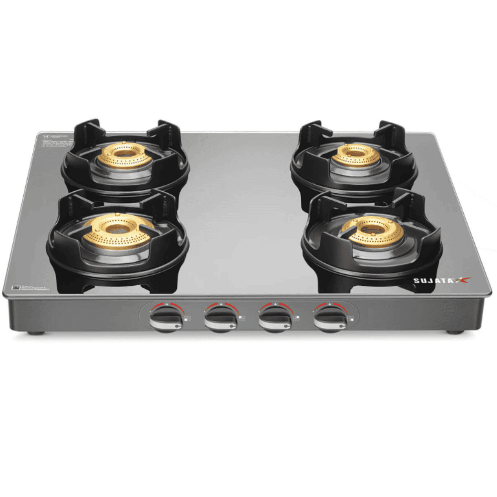 Sujata Cooktop Deluxe, 4 Burner Glass Top Brass Burner Gas Stove (Black)