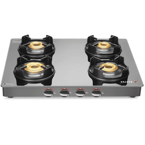 Sujata Cooktop Deluxe, 4 Burner Glass Top Brass Burner Gas Stove (Black)