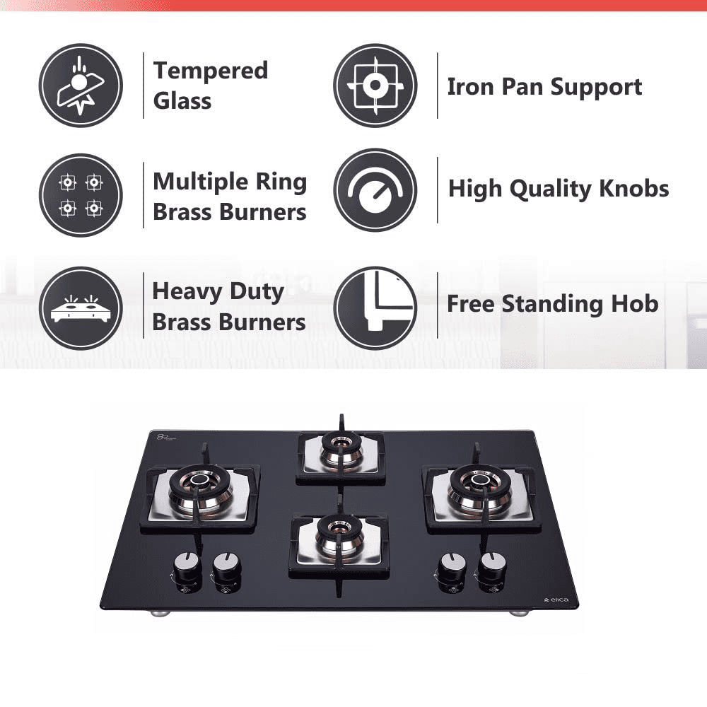 Elica Hob, FLEXI FB HCT 470 DX, 4 Burner 70 cm Auto Ignition Glass Top Brass Burners 2 Small and 2 Medium Gas Stove (Black)