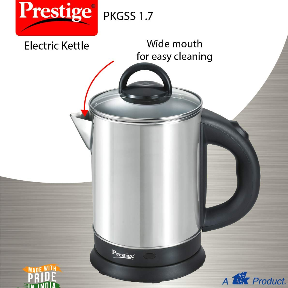 Prestige PKGSS, 1500 Watts 1.7 Litres Stainless Steel Electric Kettle, Automatic Shut Off (Silver and Black)