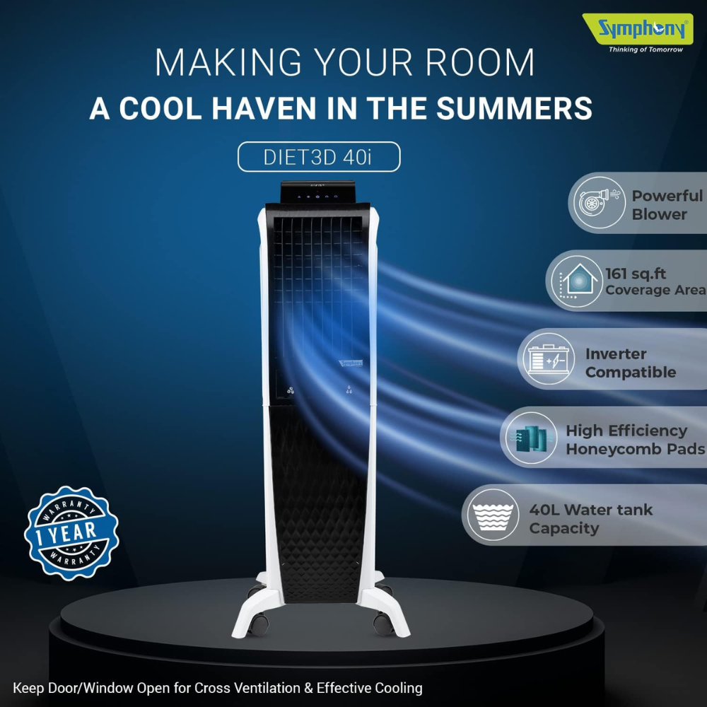 Symphony 40 Ltrs Portable Tower Air Cooler (Diet 3D 40i)