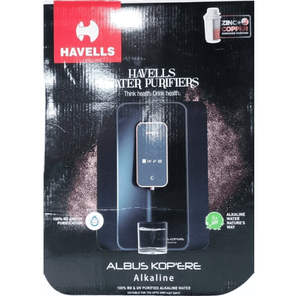 Havells Albus Kopere Alkaline+, 6 Ltrs Storage RO + UV + UF Wall Mountable Water Purifier, Black