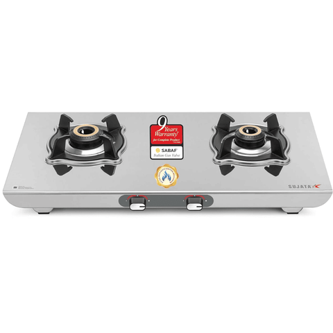 Sujata Cooktop Sterno AI, 2 Burner Auto Ignition Stainless Steel Glossy SS Body Gas Stove (Silver)