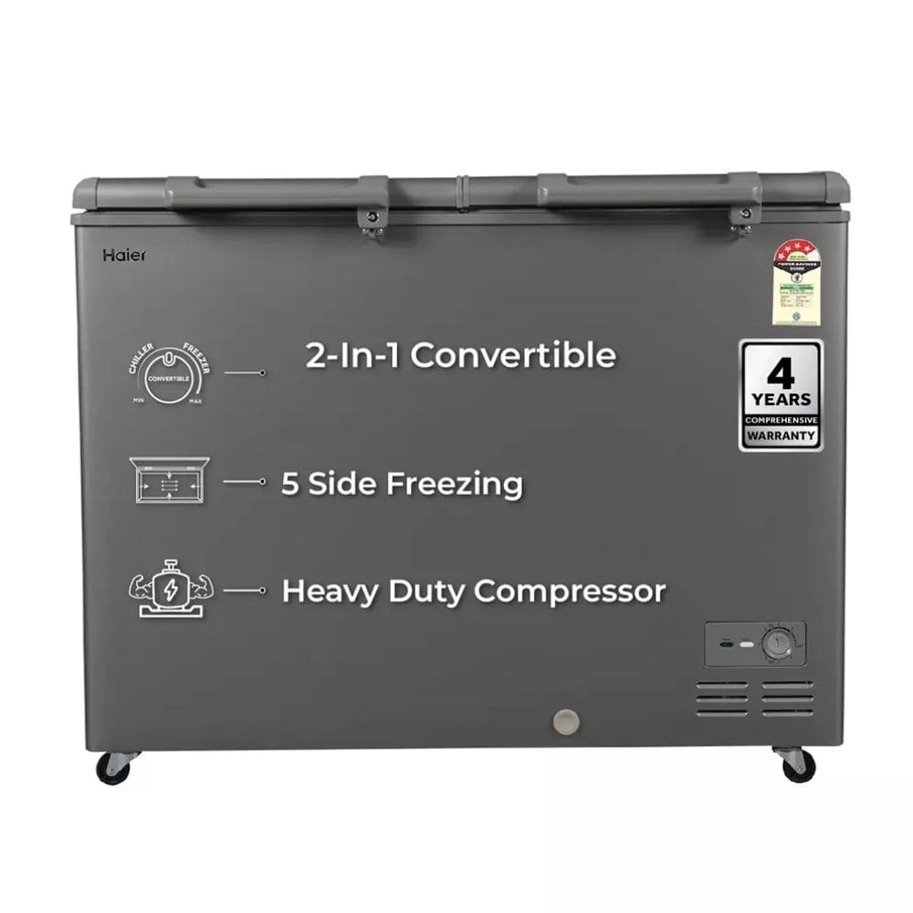 Haier HFC-335DET4, 335 Ltrs 4 Star Double Door Hard Top Convertible Deep Freezer, Titanium Grey