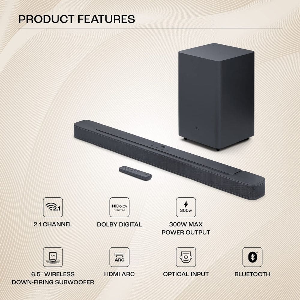JBL Bar 300 Watts Wireless with True Dolby Atmos Down-Firing Subwoofer Soundbar (JBLBAR21ESSBLKIN, 2.1 Channel)