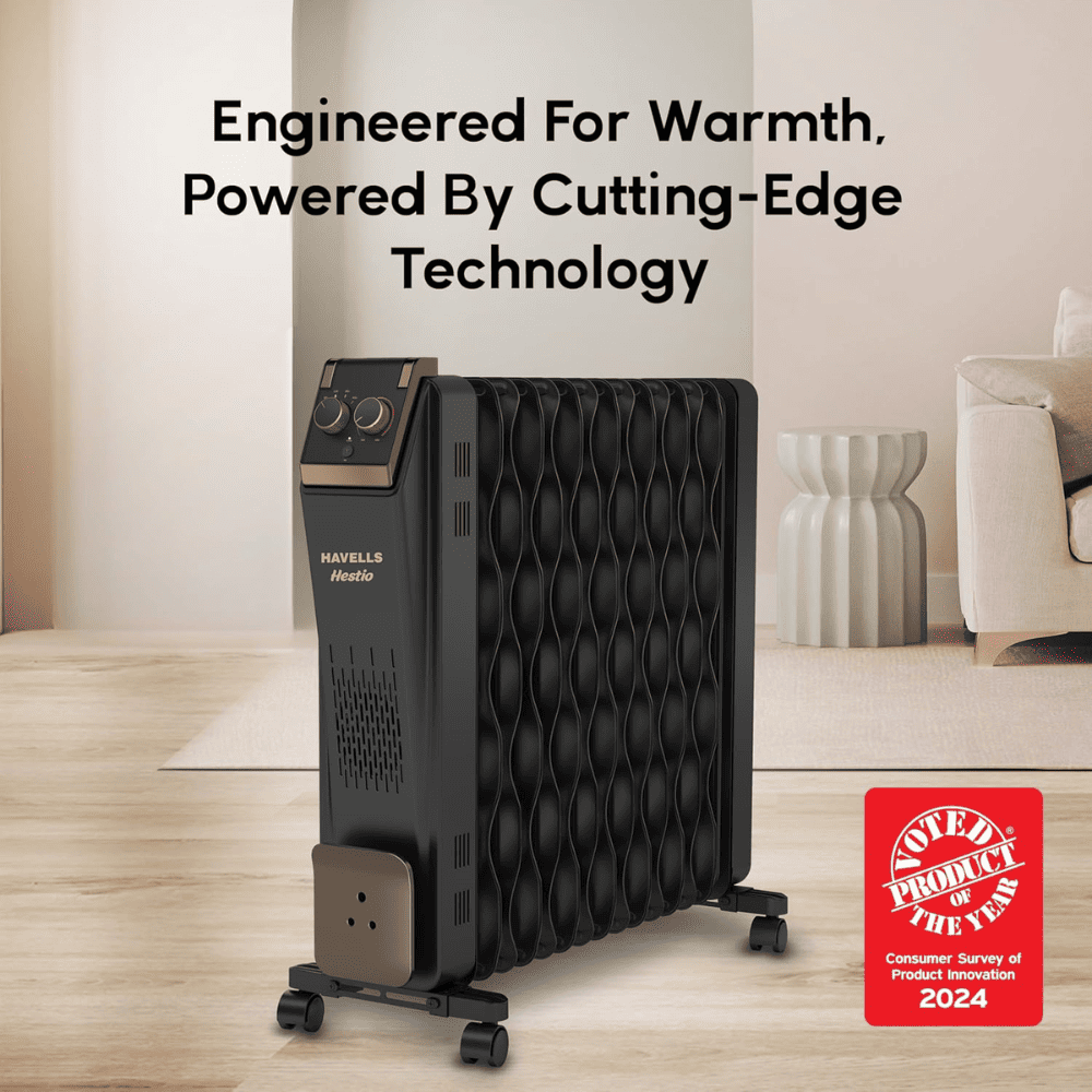 Havells 9 Wave Fins, 2400 Watts Oil Filled Radiators with Fan Room Heater (Hestio OFR9, Black)