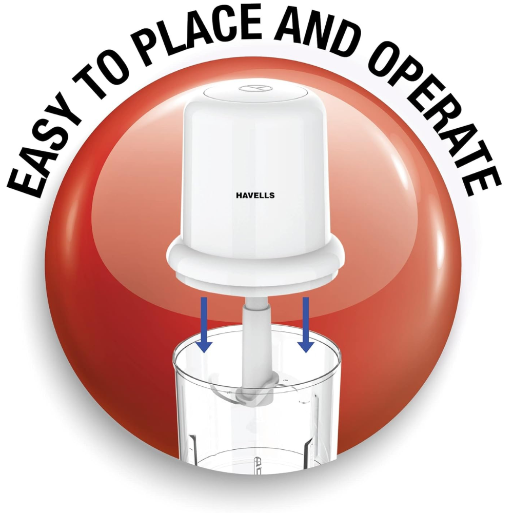 Havells Coral, 200 Watts Stainless Steel Blade Electric Chopper with 750ML Choping Bowl (White)