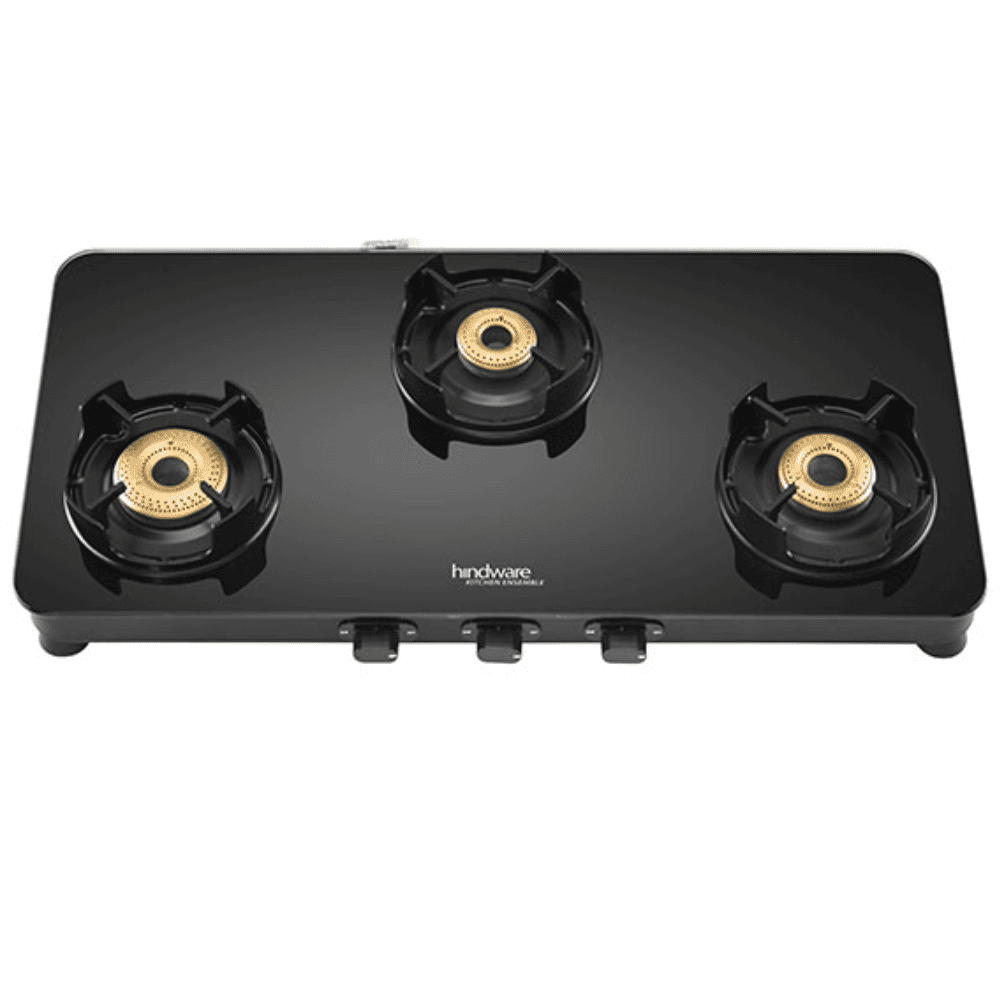 Hindware Cooktop, ALVERIO 3B AI, 3 Burner Auto Ignition Glass Top Forged Brass Burner 1 Big + 1 Medium + 1 small Gas Stove (Black)