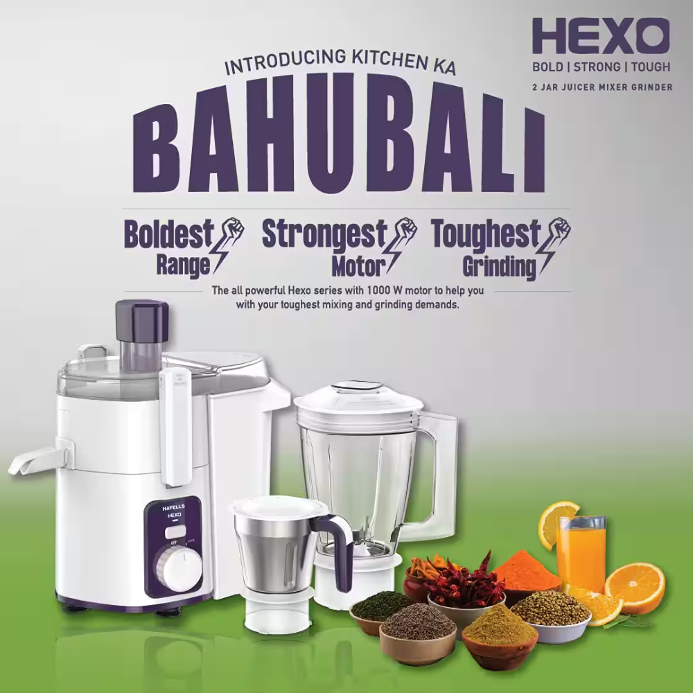 Havells JMG HEXO, 1000 Watts 2 Jars Juicer Mixer Grinder (White)