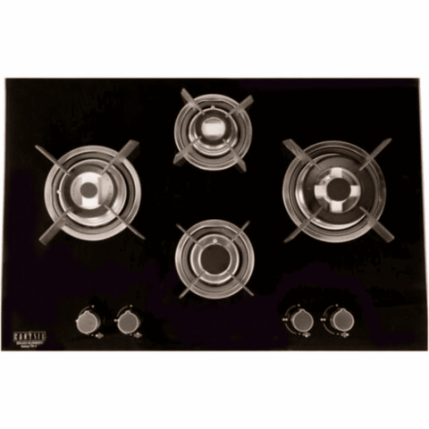 Carysil Hob, SALSA 4 78CM, 4 burner 78 cm Auto Ignition Glass Top Rhombus Design Brass Burners 1 Medium +2 Small+1 High