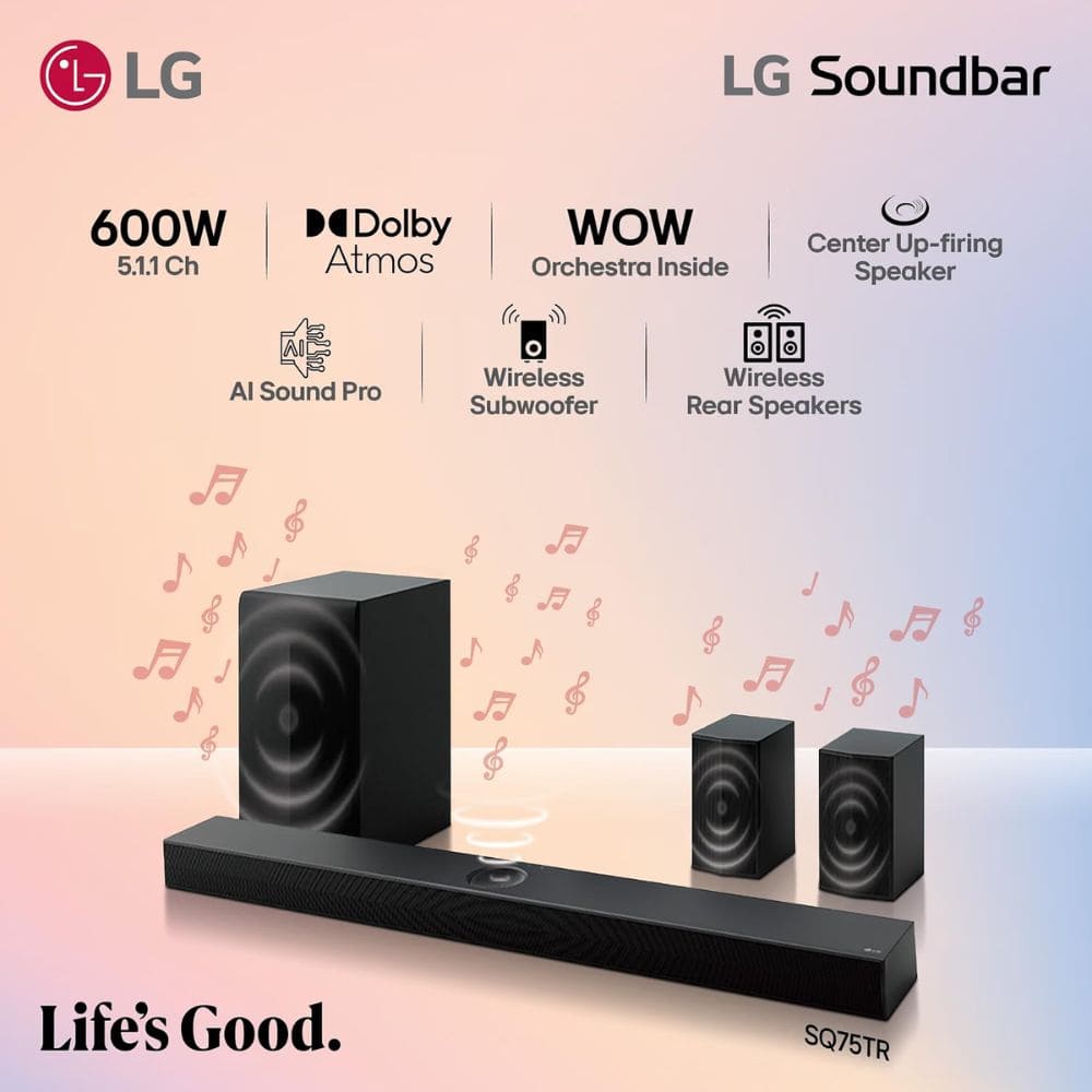 LG 600 Watts Wireless Dolby Atmos True with Subwoofer Soundbar (SQ75TR, 5.1 1Channel)