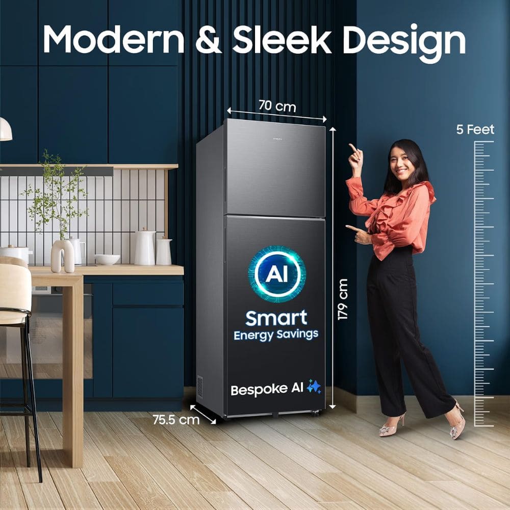 Samsung 419 Ltrs, 3 Star 5 in 1 Convertible Frost Free Double Door Refrigerator (RT45HG6A43BXHL, Luxe Black)