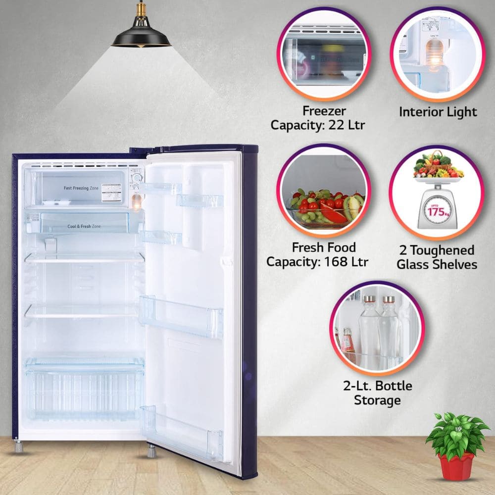LG 190 Ltrs 3 Star Inverter Direct Cool Single Door Refrigerator (GL-B199OBEC, Blue Euphoria)