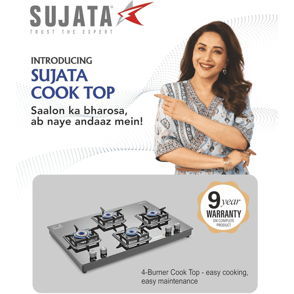 Sujata Cooktop Cross, 4 Burner Ultra-Thick Toughened Glass Top Brass Burner Gas Stove (Black)
