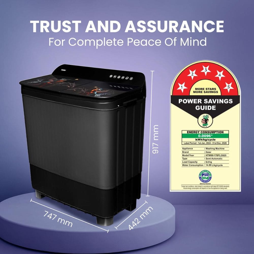 Haier 9 Kg 5 Star Semi-Automatic Top Load Washing machine (HTW90-178FL,Black)