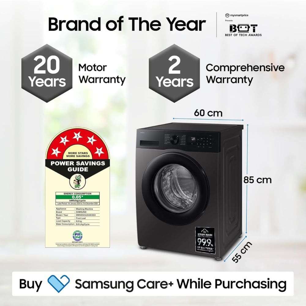 Samsung 9 Kg 5 Star Fully-Automatic Front Load Washing machine (WW90DG5U24AB,Black)