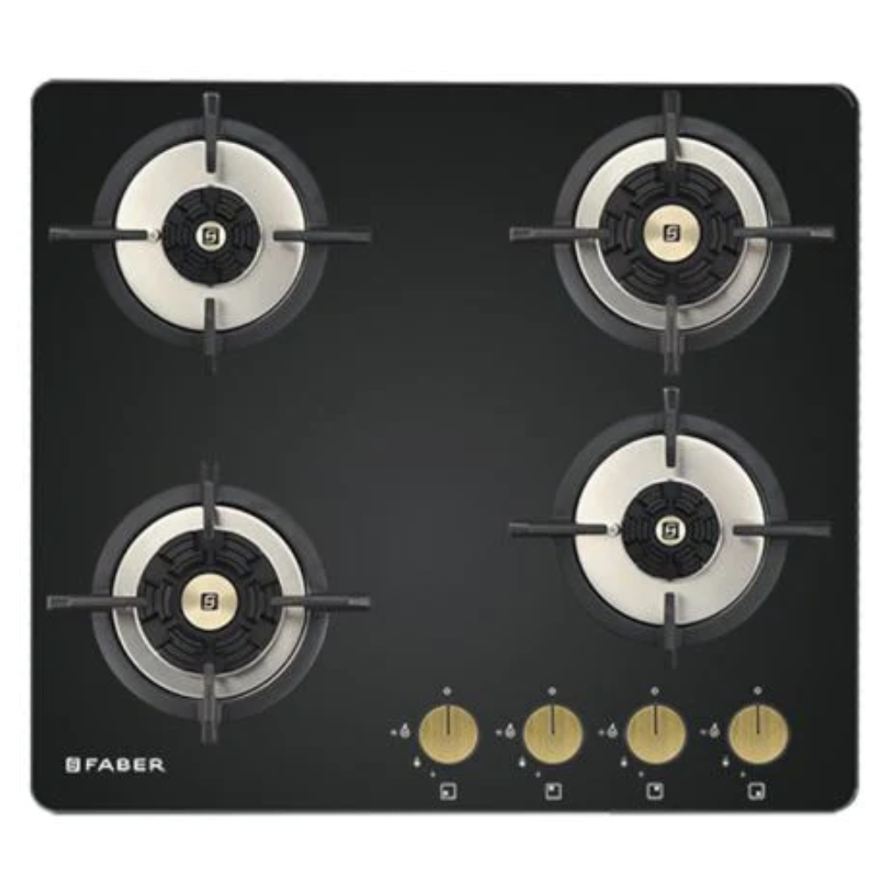 Faber Hob Maxus HT604 CRS BR CI AI, 4 Burner 60 cm Auto Electric Ignition Glass Top Mild Steel Burners 2 Small and 2 Medium Gas Stove (Black)