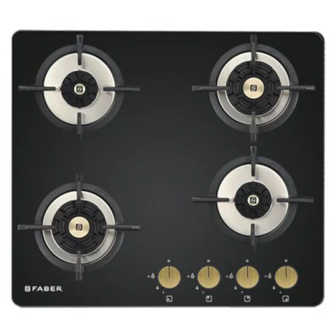 Faber Hob, Maxus HT604 CRS BR CI AI, 4 Burner 60 cm Auto Electric Ignition Glass Top Mild Steel Burners 2 Small and 2 Medium Gas Stove (Black)