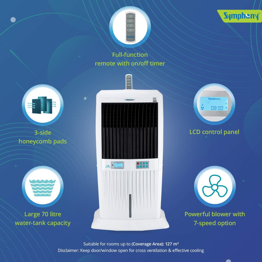 Symphony 70 Ltrs Freestanding Tower Room Air Cooler (STORM 70I)