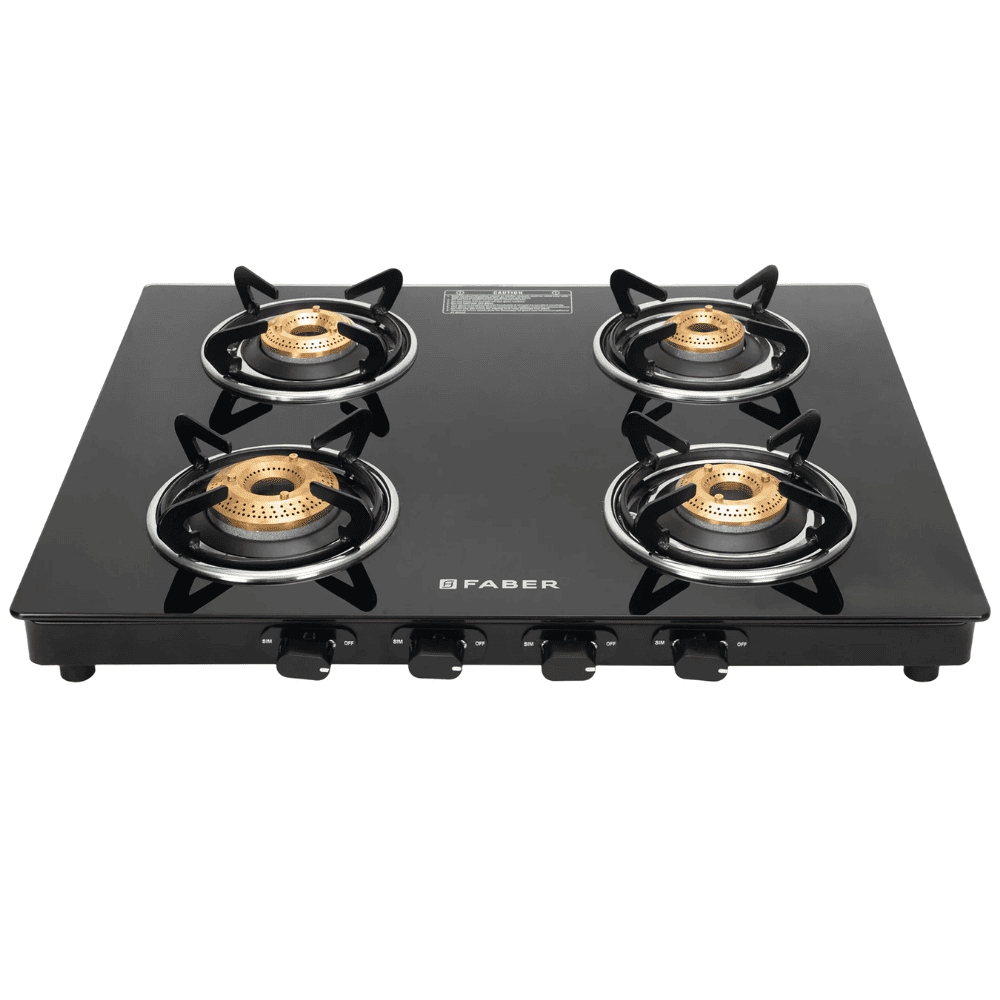Faber Cooktop, SPARK 4BB BK, 4 Burner Auto Manual Glass Top Brass Burner 1 Big + 2 Medium + 1 small Gas Stove (Black)