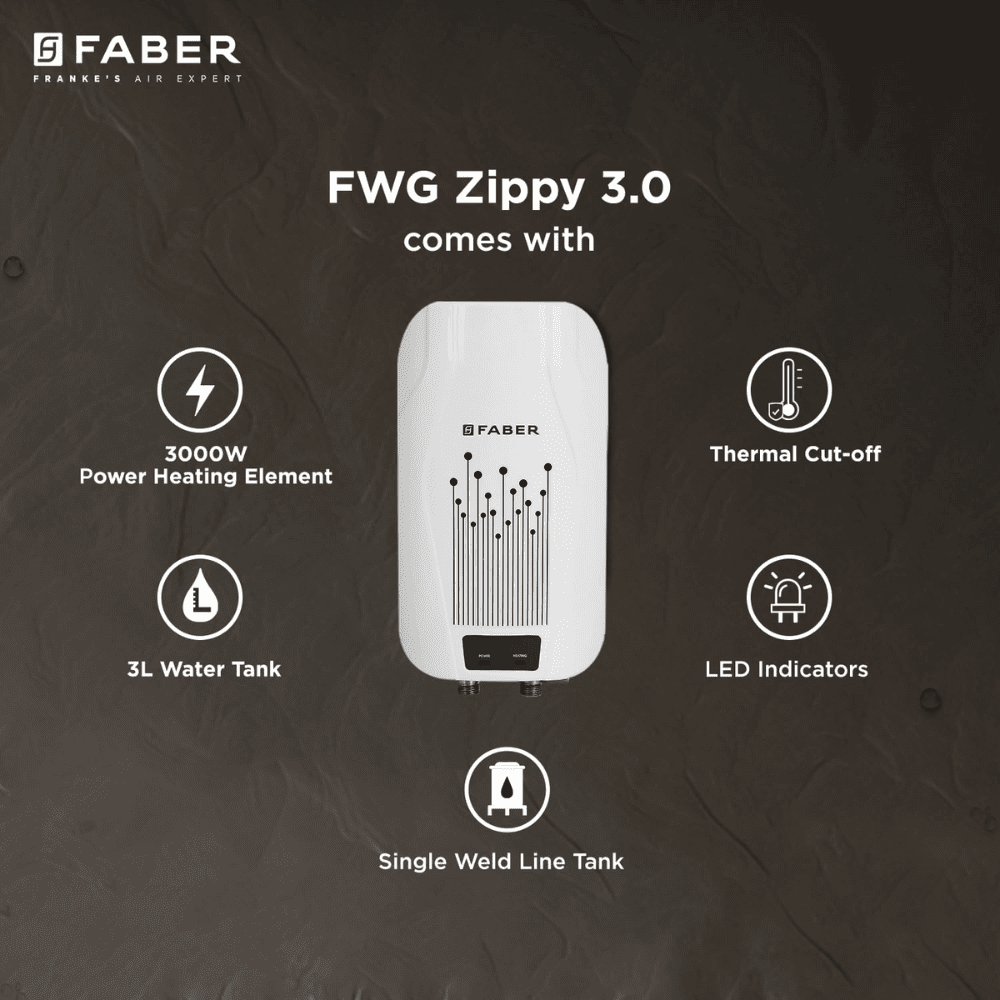 Faber 3 Ltrs Instant Wall Mounting Water Heater Geyser (FWG ZIPPY 3.0, White)
