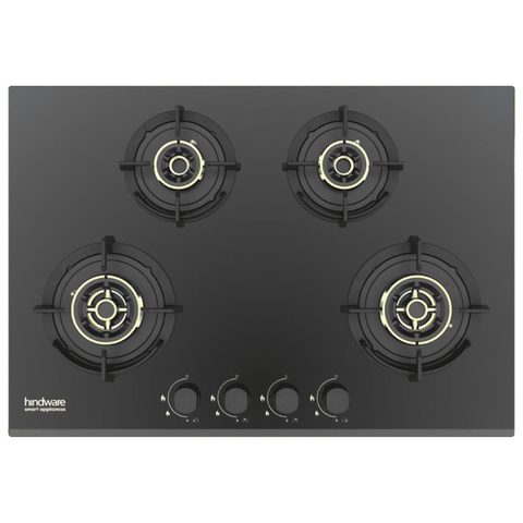 Hindware Hob, HAZEL 4B 75CM, 4 Burner 75 cm Auto Ignition Glass Top Brass Burner 2 Medium + 2 small Gas Stove (Black)