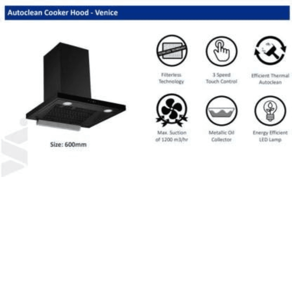 Hindware VENICE, 60 cm 1200 m3/hr Auto Clean Wall Mounted Chimney, Aiflow Filterless Technology (Black)