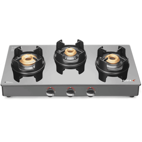Sujata Cooktop Deluxe AI, 3 Burner Glass Top Auto Ignition Brass Gas Stove (Black)