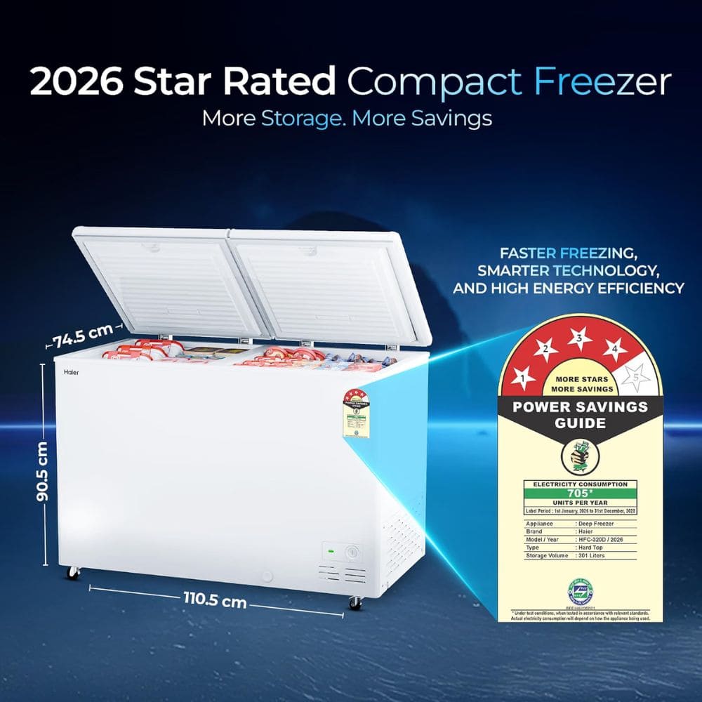 Haier HFC-320DPW4, 320 Ltrs 4 Star Double Door Hard Top Convertible Deep Freezer, White
