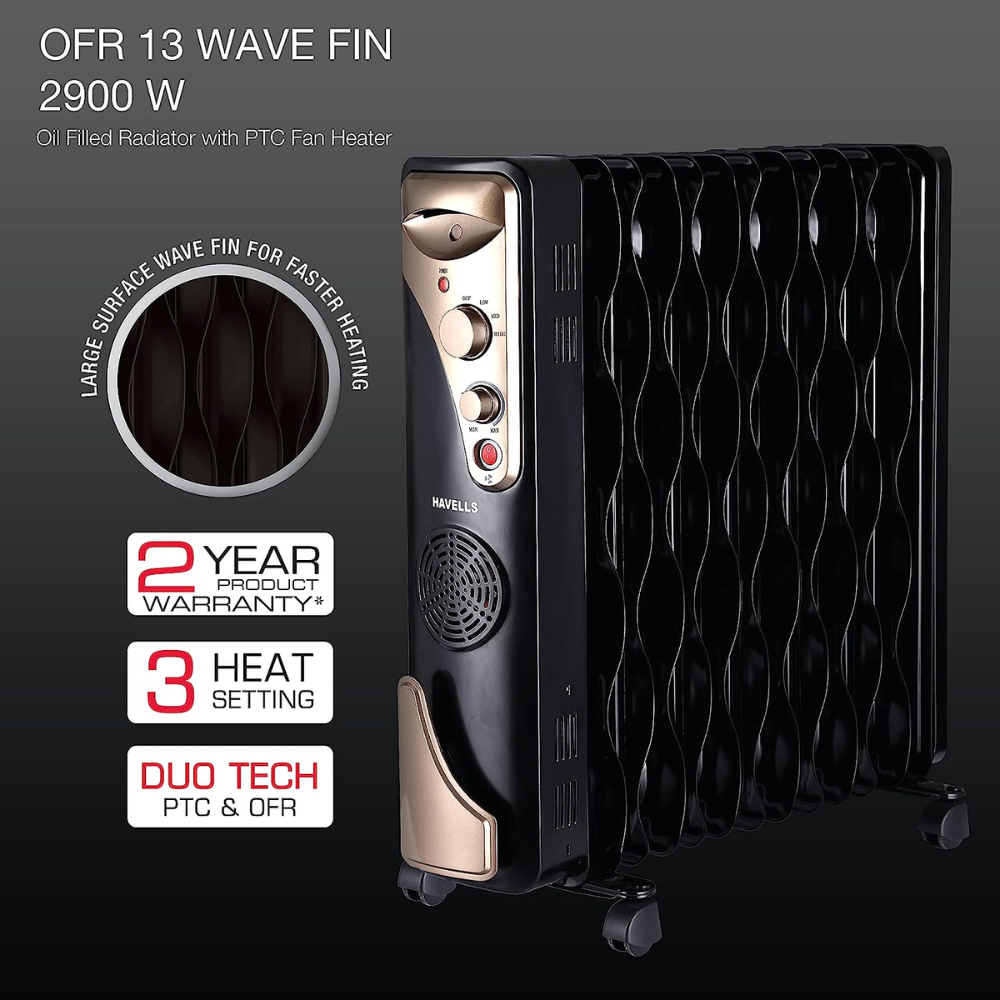 Havells 13 Wave Fins, 2900 Watts Oil Filled Radiators Room Heater with PTC Fan (OFR 13F, Black)