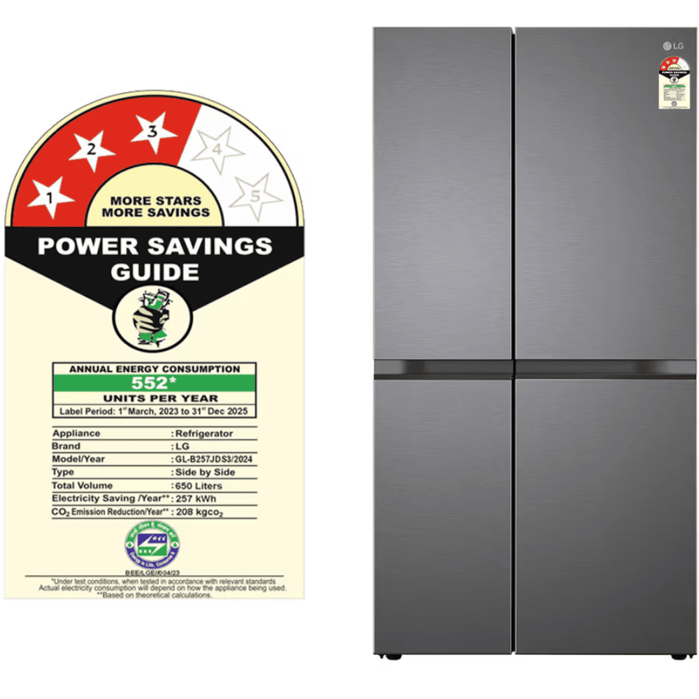 LG 650 Ltrs 3 Star, Inverter Frost Free, Side-by-Side Refrigerator (GL-B257JDS3)