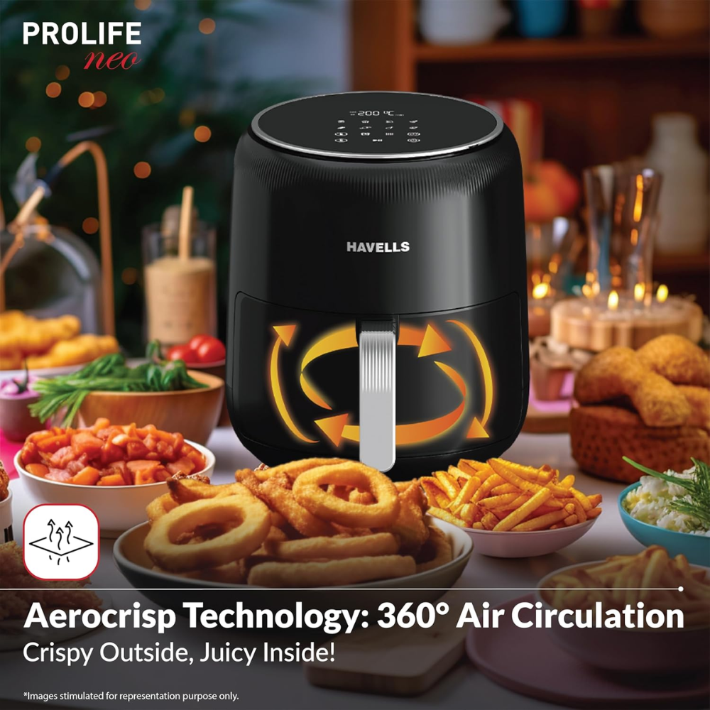 Havells Prolife Neo, 1500 Watts 4.5 Litres Digital Touch Air Fryer, 8 Pre Set Menu Auto Shutoff with Cool Touch Handle (Black)
