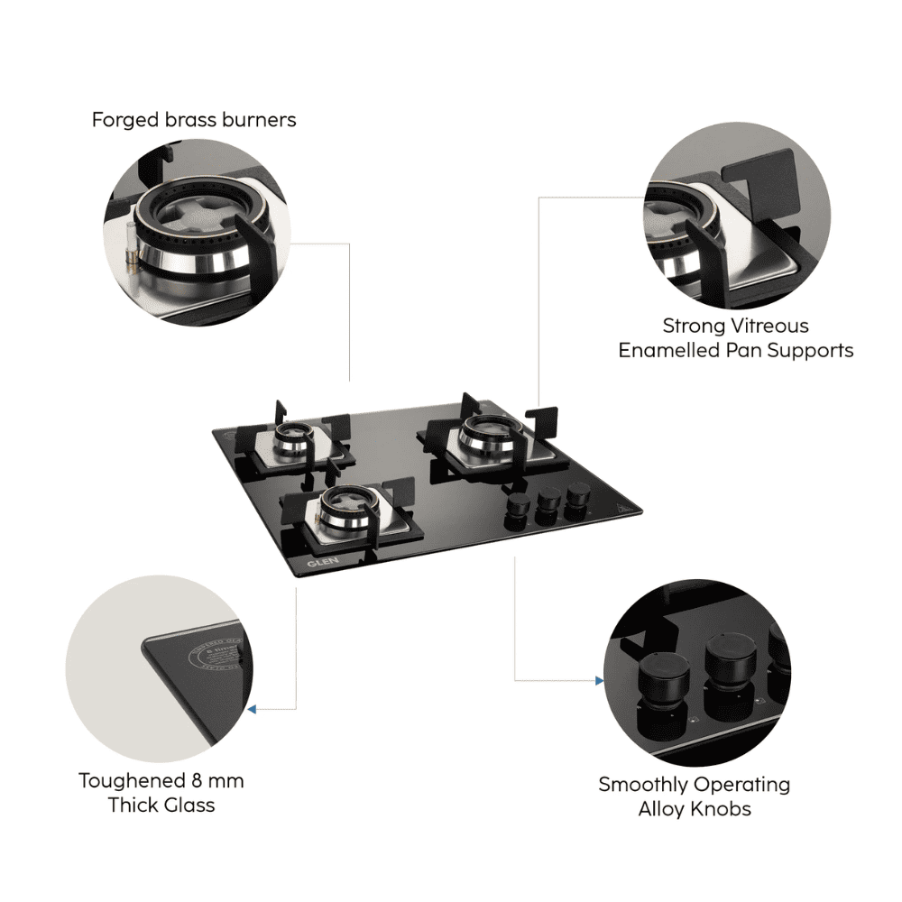 Glen Hob, 1063 SQ DB, 3 Burner 60 cm Auto Toughened Glass Top Full Brass Burners 1 Medium + 1 small +1 High Flame (Black)