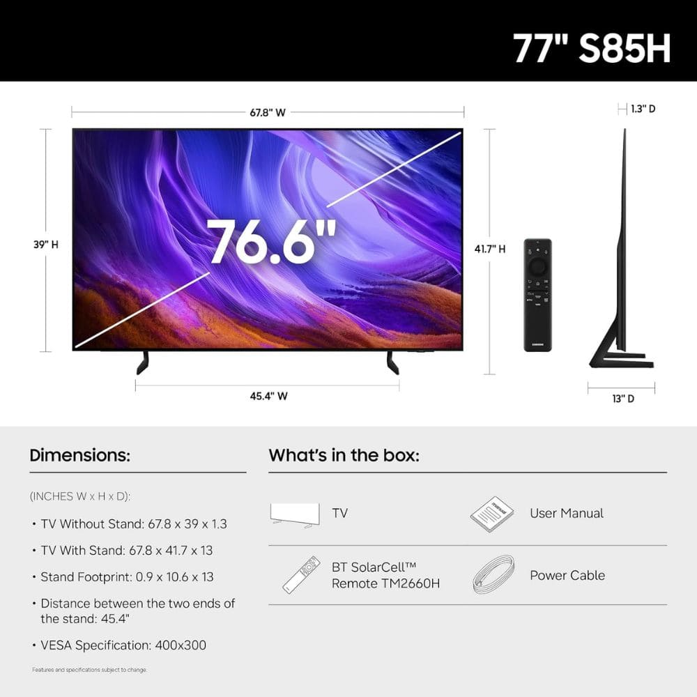 Samsung 77S85H, 77 Inches 4K Ultra HD OLED TV, Black