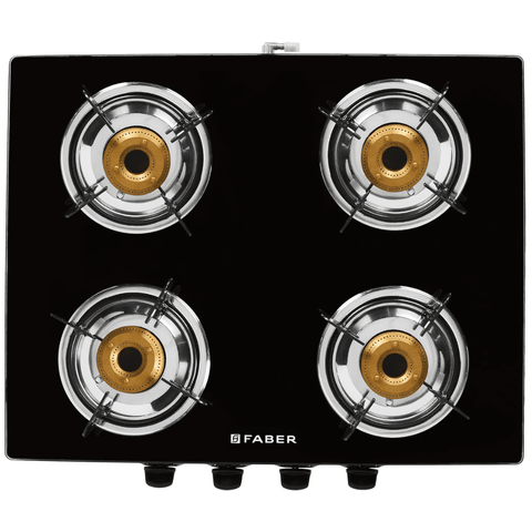 Faber Cooktop, Jumbo 4BB BK, 4 Burner 70 cm Manual Ignition Glass Top Brass Burners 4 Medium Gas Stove (Black)