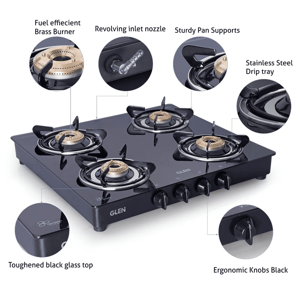 Glen Cooktop, 1043 GT HF BB DT AI, 4 Burner Auto Manual Ignition Glass Top Brass Burner 1 Big + 2 Medium + 1 small Gas Stove (Black)