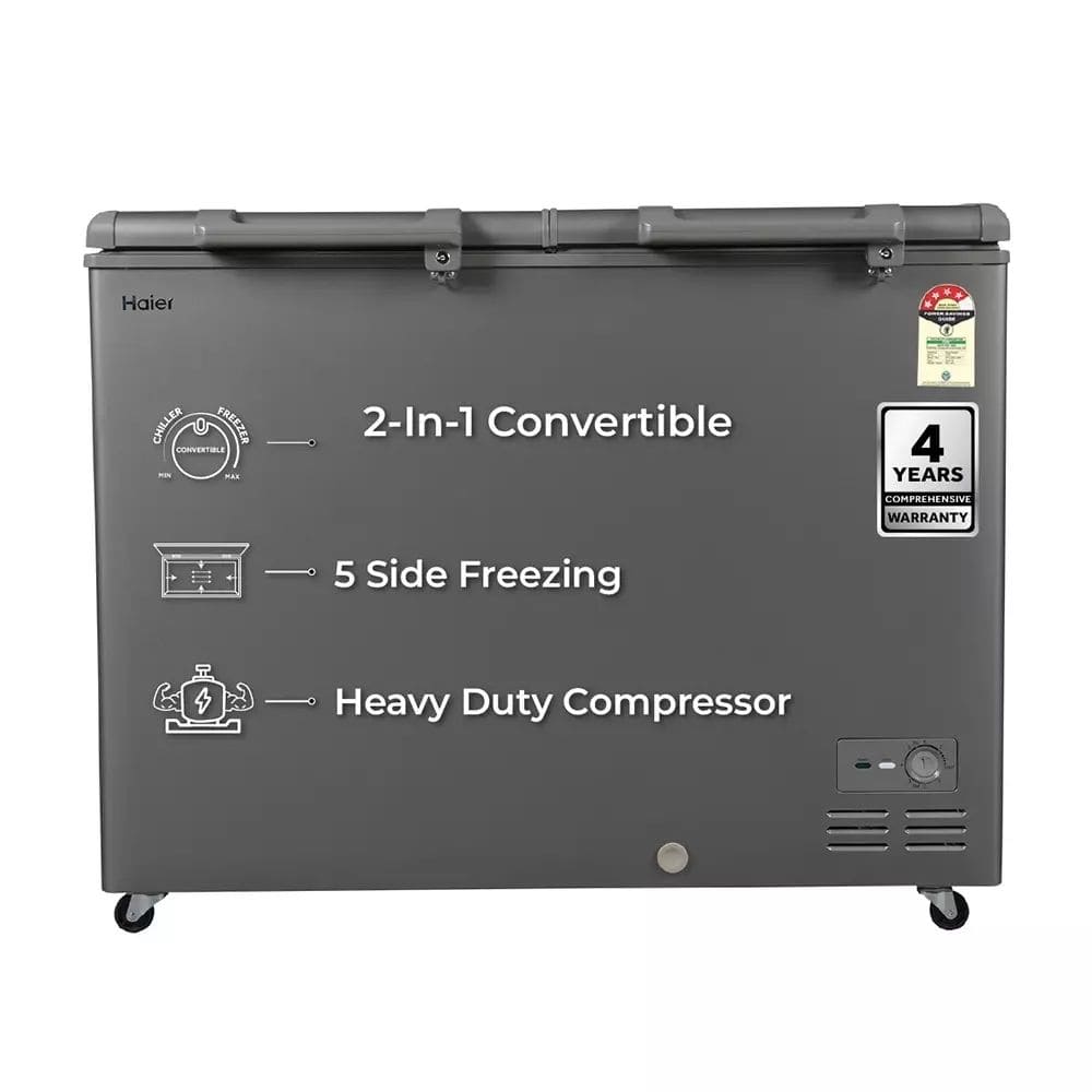 Haier HFC-365DET5, 365 Ltrs 4 Star Double Door Hard Top Convertible Deep Freezer, Titanium Grey