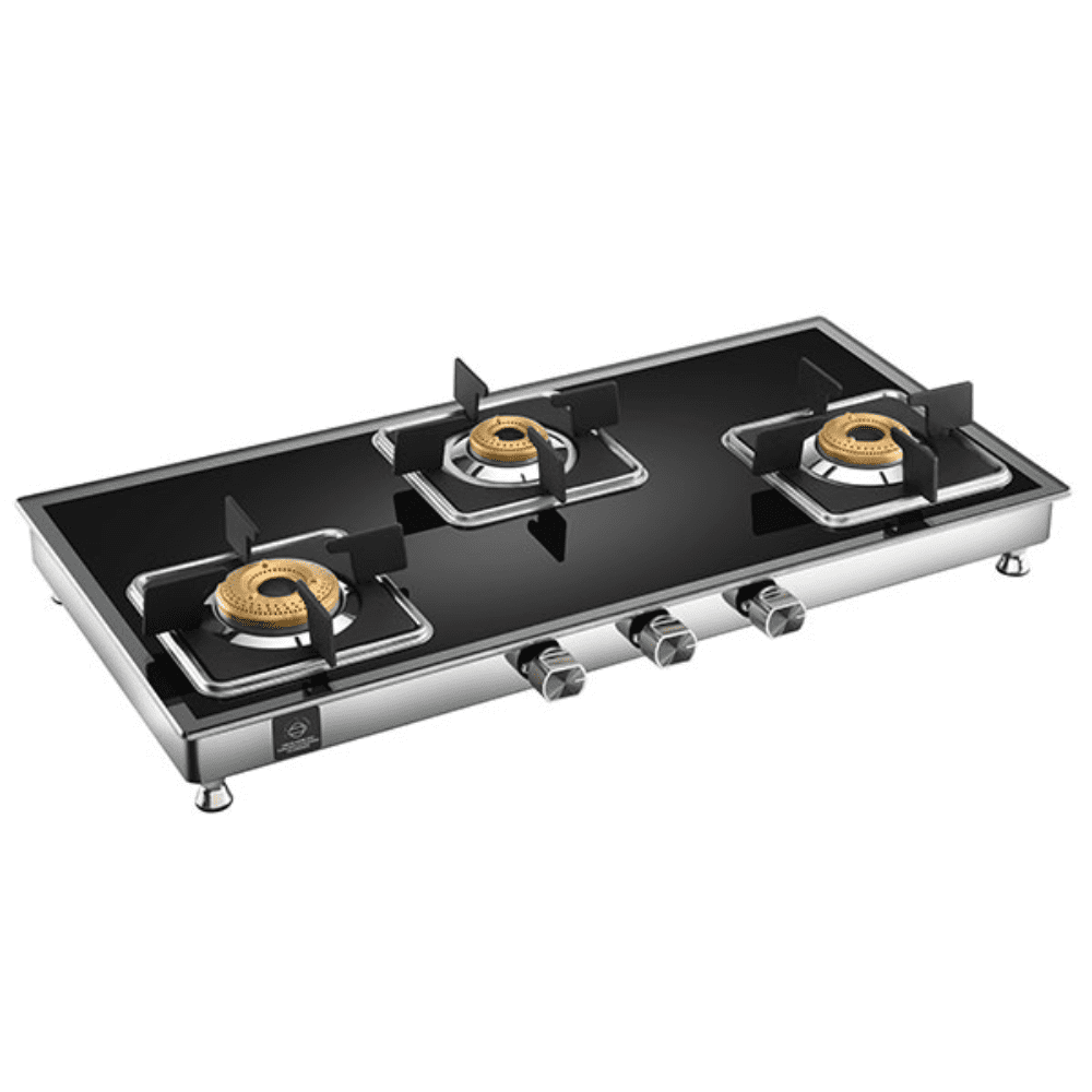 Hindware Cooktop, DARIO SS 3B AI, 3 Burner cm Auto Ignition Glass Top Stainless Steel Burner 3 Medium Gas Stove (Black)