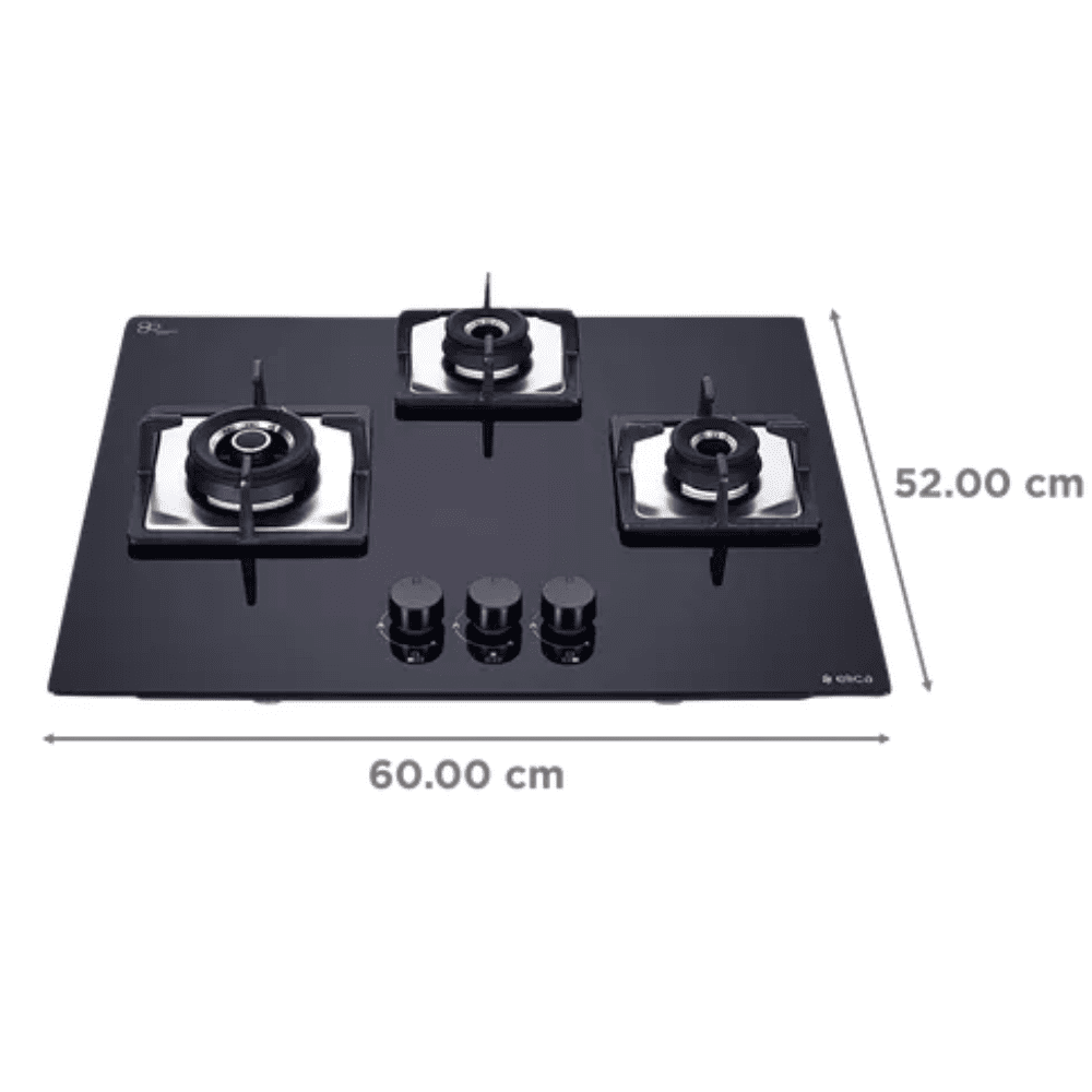 Elica Hob, FLEXI AB HCT 3B, 3 burner 90 cm Auto Ignition Glass Stainless Steel Brass Burners 1 Medium + 2 Small Flame Gas Stove (Black)