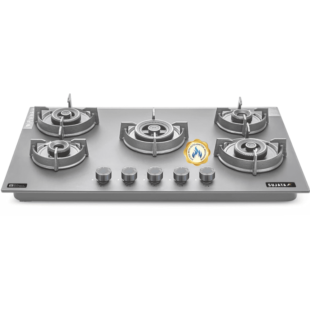 Sujata Hob, 5 Burner 86 cm Auto Ignition Glass Top Brass Burner 1 Larg + 2 Medium + 2 small (Palladium FB 5B86 FFD, Black)