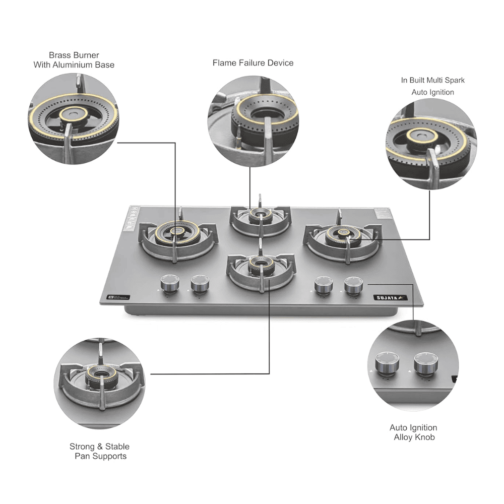Sujata Hob, 4 Burner 78 cm Auto Ignition Glass Top Brass Burner 1 Larg + 1 Medium + 2 small (Palladium FB 4B78TP FFD, Black)