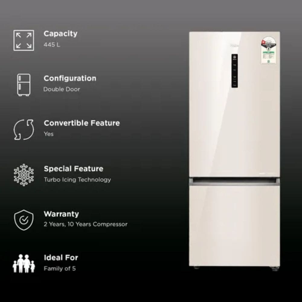 Haier 445 Ltrs, 1 Star Frost Free Double Door Bottom Mount Refrigerator (HRB 4951PBGA P)