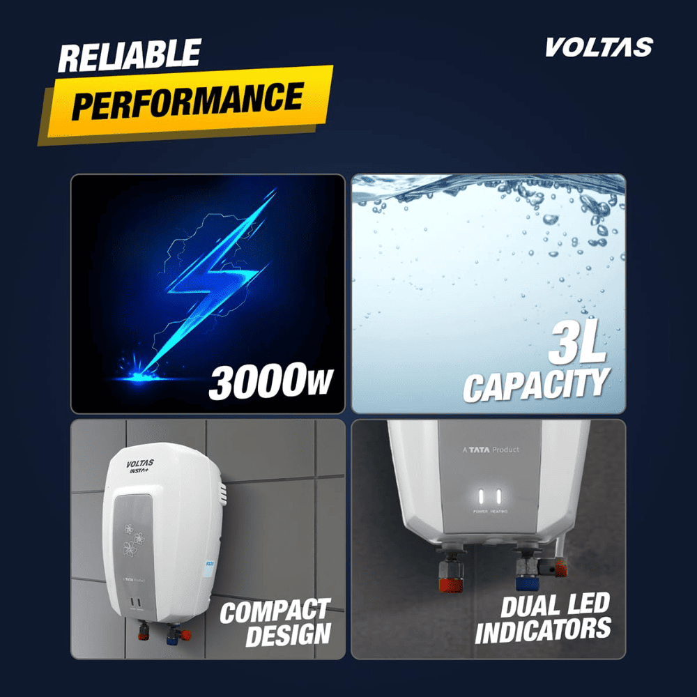 Voltas 3 Ltrs Instant Water Heater Wall Mounting Geyser (Insta+, White)