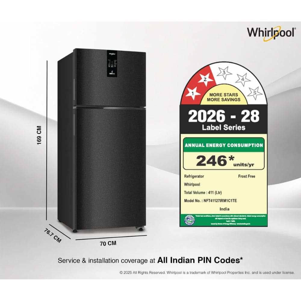 Whirlpool 411 Ltrs, 2 Star IntelliFresh Convertible Inverter Frost Free Double Door Refrigerator (IF INV CNV 455 GRAVITY BLACK(2S) Y)