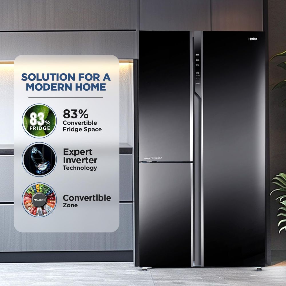 Haier 598 Ltrs, 3 Star Frost Free Expert Inverter Smart Sense AI enabled 3 Door Side by Side Refrigerator (HRT 683KGU1, Black Glass, Magic Convertible Zone, Deo Fresh Technology)