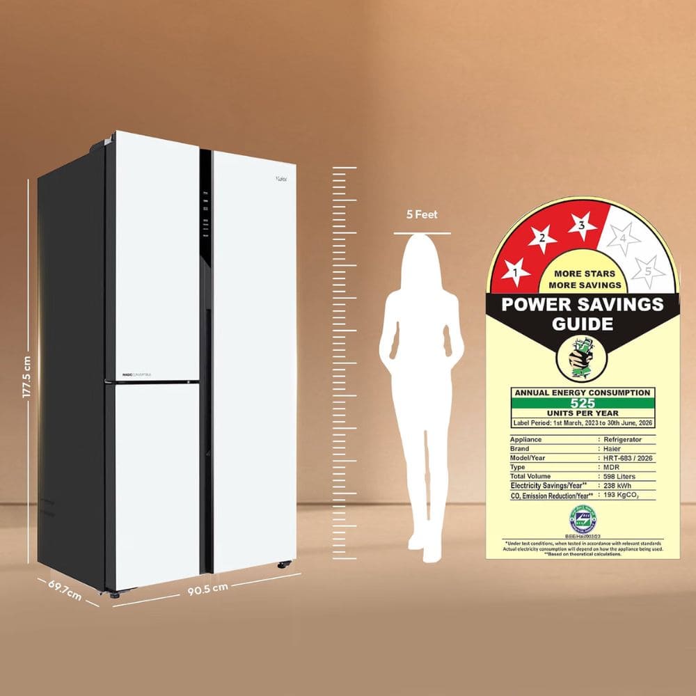 Haier 598 Ltrs, 3 Star Frost Free Expert Inverter Smart Sense AI enabled 3 Door Side by Side Refrigerator (HRT 683PWGU1, Pearl White Glass, Magic Convertible Zone, Premium Vogue Glass)