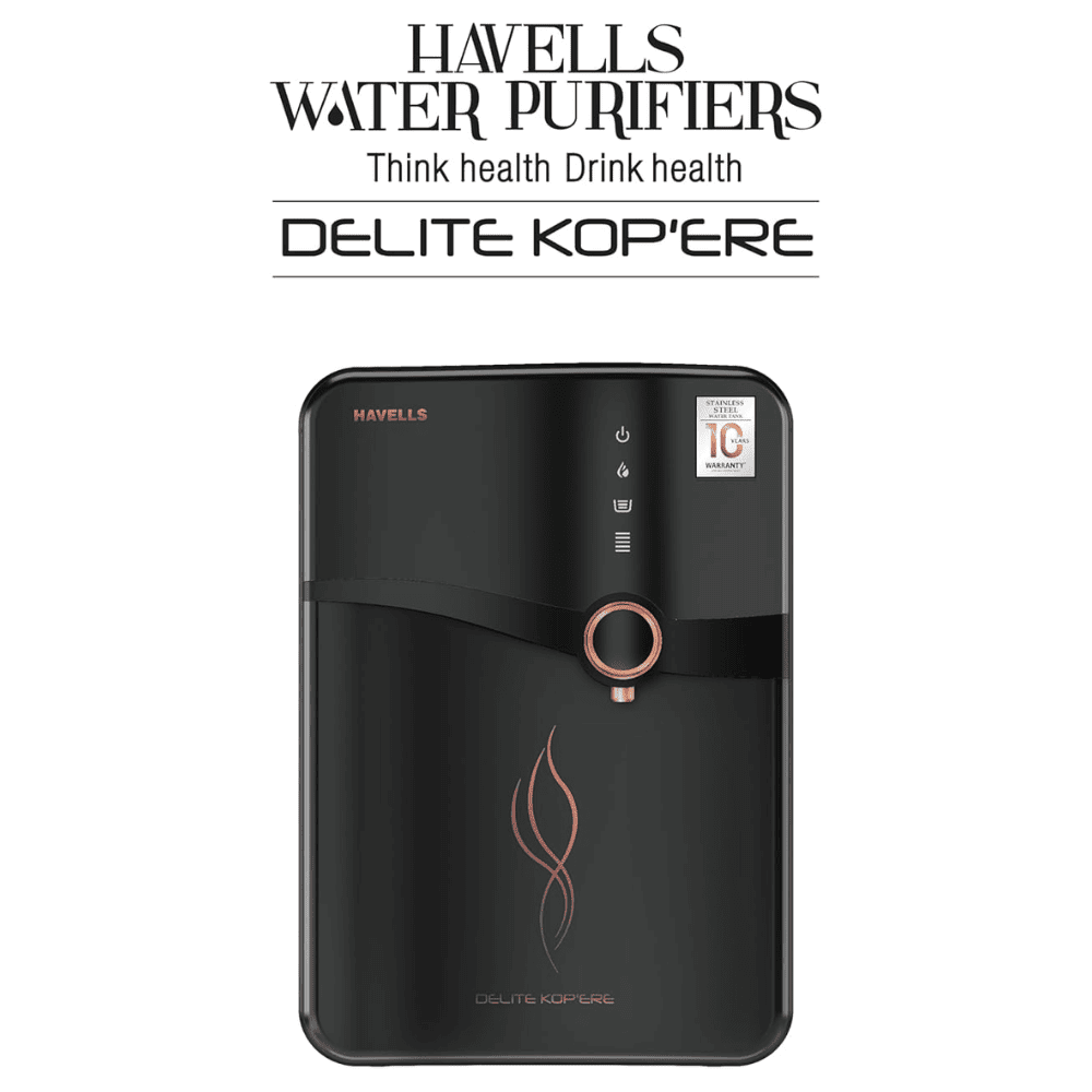Havells Delite Kop'ere, 6.5 Ltrs Storage, RO+UV+pH Balance Wall Maountable Water Purifier, Black